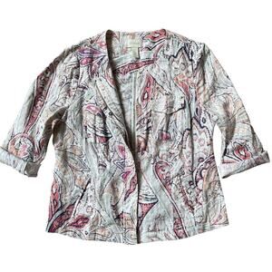 Chico’s Linen Paisley Jacket M | Boho Zip Shirt Shacket, Coral Pink, MSRP $200